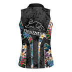 Penrith Panthers Women Sleeveless Polo Shirt Tropical Hibiscus Floral Pattern With Black And Grey Accents