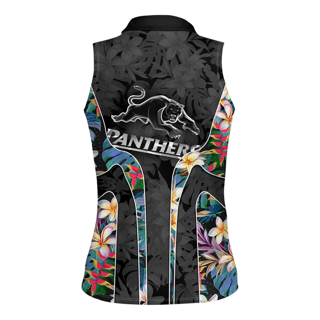 Penrith Panthers Women Sleeveless Polo Shirt Tropical Hibiscus Floral Pattern With Black And Grey Accents