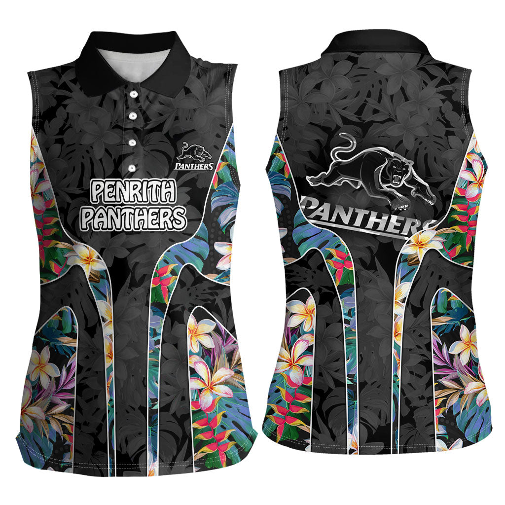 Penrith Panthers Women Sleeveless Polo Shirt Tropical Hibiscus Floral Pattern With Black And Grey Accents