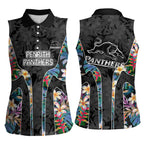 Penrith Panthers Women Sleeveless Polo Shirt Tropical Hibiscus Floral Pattern With Black And Grey Accents