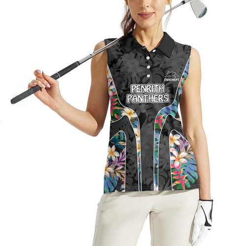 Penrith Panthers Women Sleeveless Polo Shirt Tropical Hibiscus Floral Pattern With Black And Grey Accents