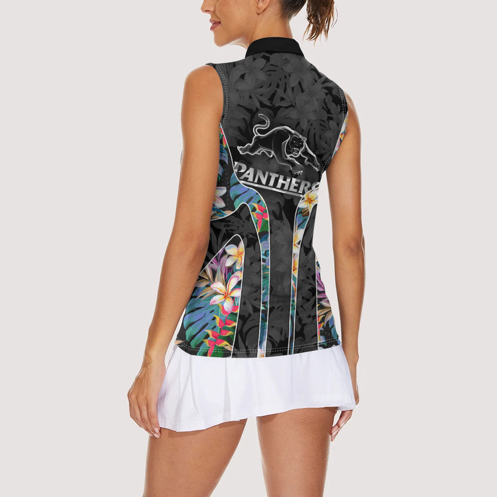 Penrith Panthers Women Sleeveless Polo Shirt Tropical Hibiscus Floral Pattern With Black And Grey Accents