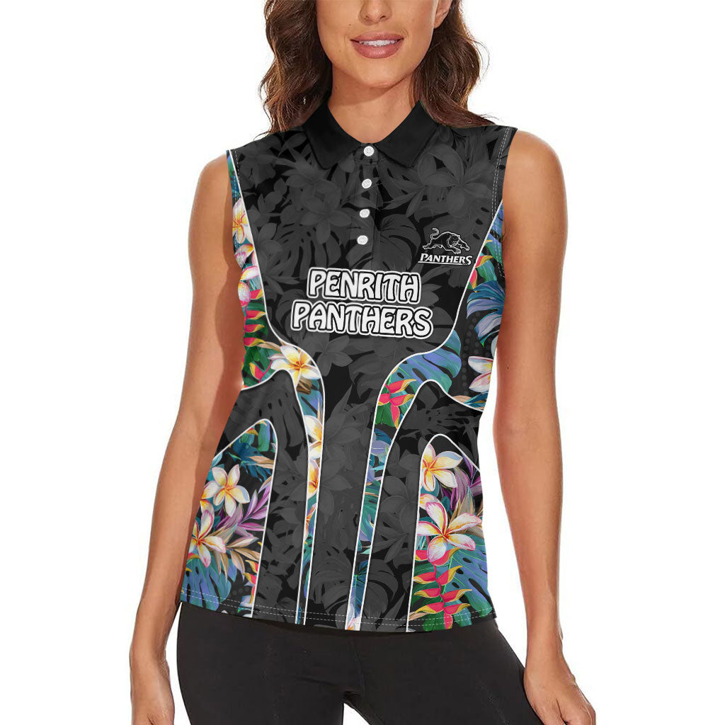 Penrith Panthers Women Sleeveless Polo Shirt Tropical Hibiscus Floral Pattern With Black And Grey Accents
