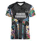 Penrith Panthers Women V-Neck T-Shirt Tropical Hibiscus Floral Pattern With Black And Grey Accents