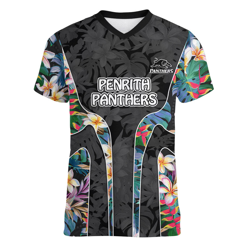 Penrith Panthers Women V-Neck T-Shirt Tropical Hibiscus Floral Pattern With Black And Grey Accents