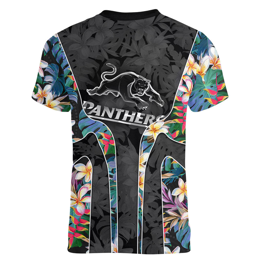 Penrith Panthers Women V-Neck T-Shirt Tropical Hibiscus Floral Pattern With Black And Grey Accents