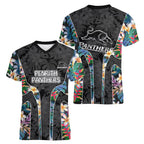 Penrith Panthers Women V-Neck T-Shirt Tropical Hibiscus Floral Pattern With Black And Grey Accents