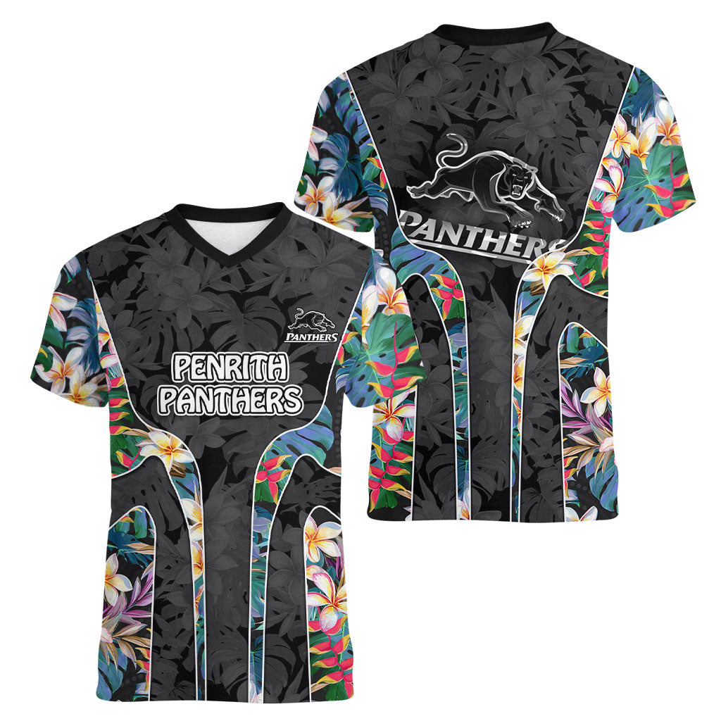 Penrith Panthers Women V-Neck T-Shirt Tropical Hibiscus Floral Pattern With Black And Grey Accents