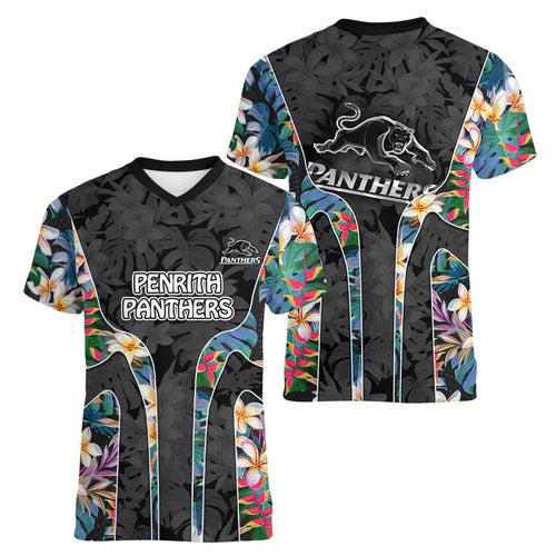 Penrith Panthers Women V-Neck T-Shirt Tropical Hibiscus Floral Pattern With Black And Grey Accents