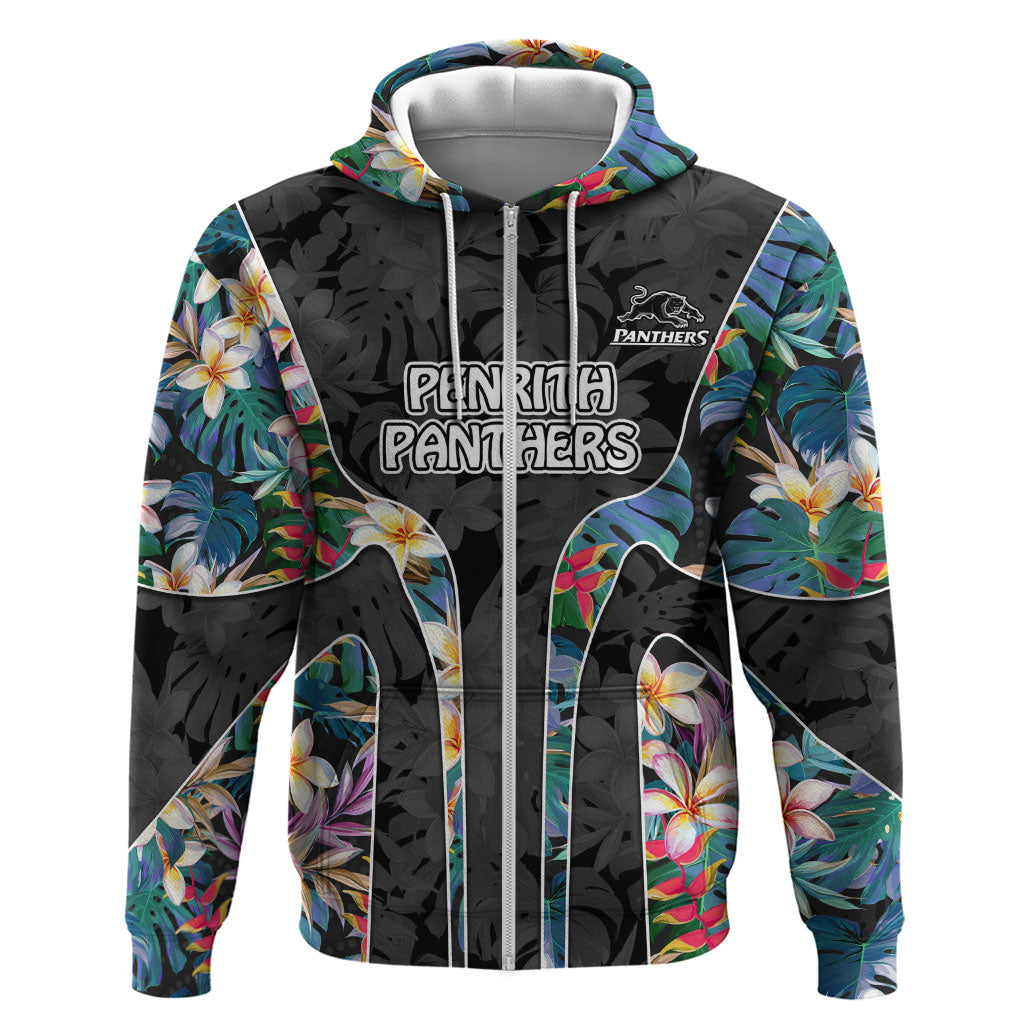 Penrith Panthers Zip Hoodie Tropical Hibiscus Floral Pattern With Black And Grey Accents