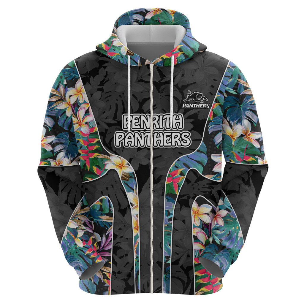 Penrith Panthers Zip Hoodie Tropical Hibiscus Floral Pattern With Black And Grey Accents