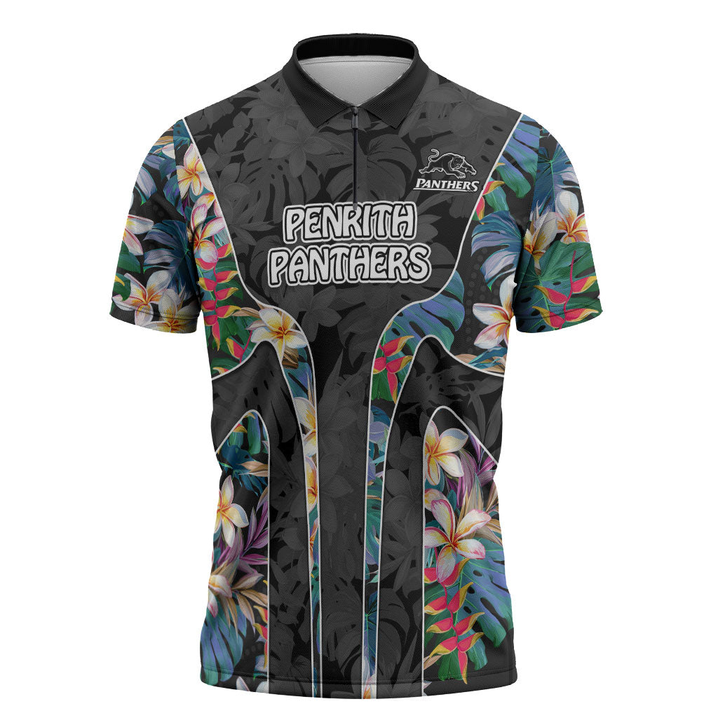 Penrith Panthers Zipper Polo Shirt Tropical Hibiscus Floral Pattern With Black And Grey Accents