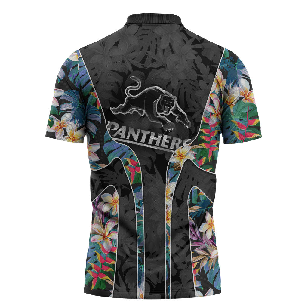 Penrith Panthers Zipper Polo Shirt Tropical Hibiscus Floral Pattern With Black And Grey Accents