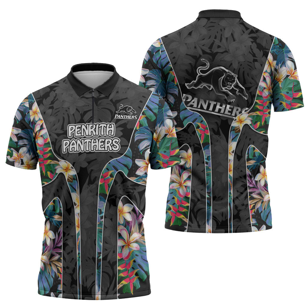 Penrith Panthers Zipper Polo Shirt Tropical Hibiscus Floral Pattern With Black And Grey Accents
