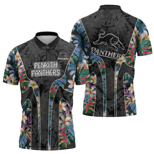 Penrith Panthers Zipper Polo Shirt Tropical Hibiscus Floral Pattern With Black And Grey Accents