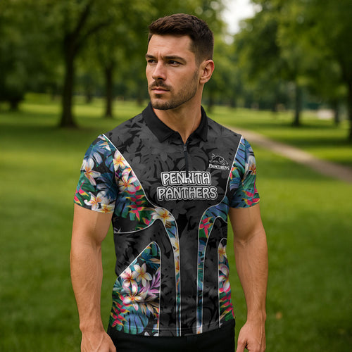 Penrith Panthers Zipper Polo Shirt Tropical Hibiscus Floral Pattern With Black And Grey Accents
