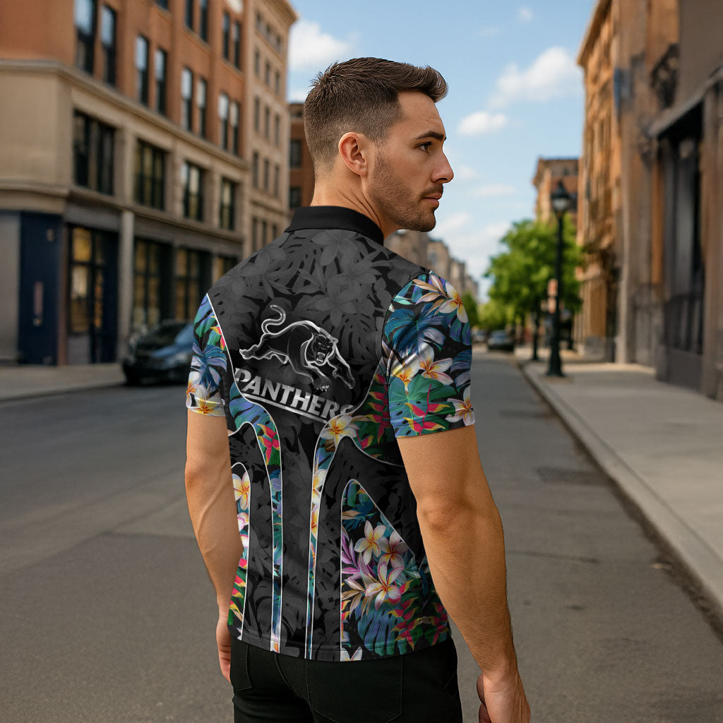 Penrith Panthers Zipper Polo Shirt Tropical Hibiscus Floral Pattern With Black And Grey Accents