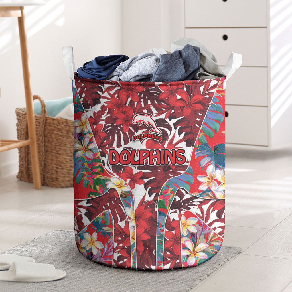 Dolphins Laundry Basket Tropical Hibiscus Floral Pattern With Red And White Accents