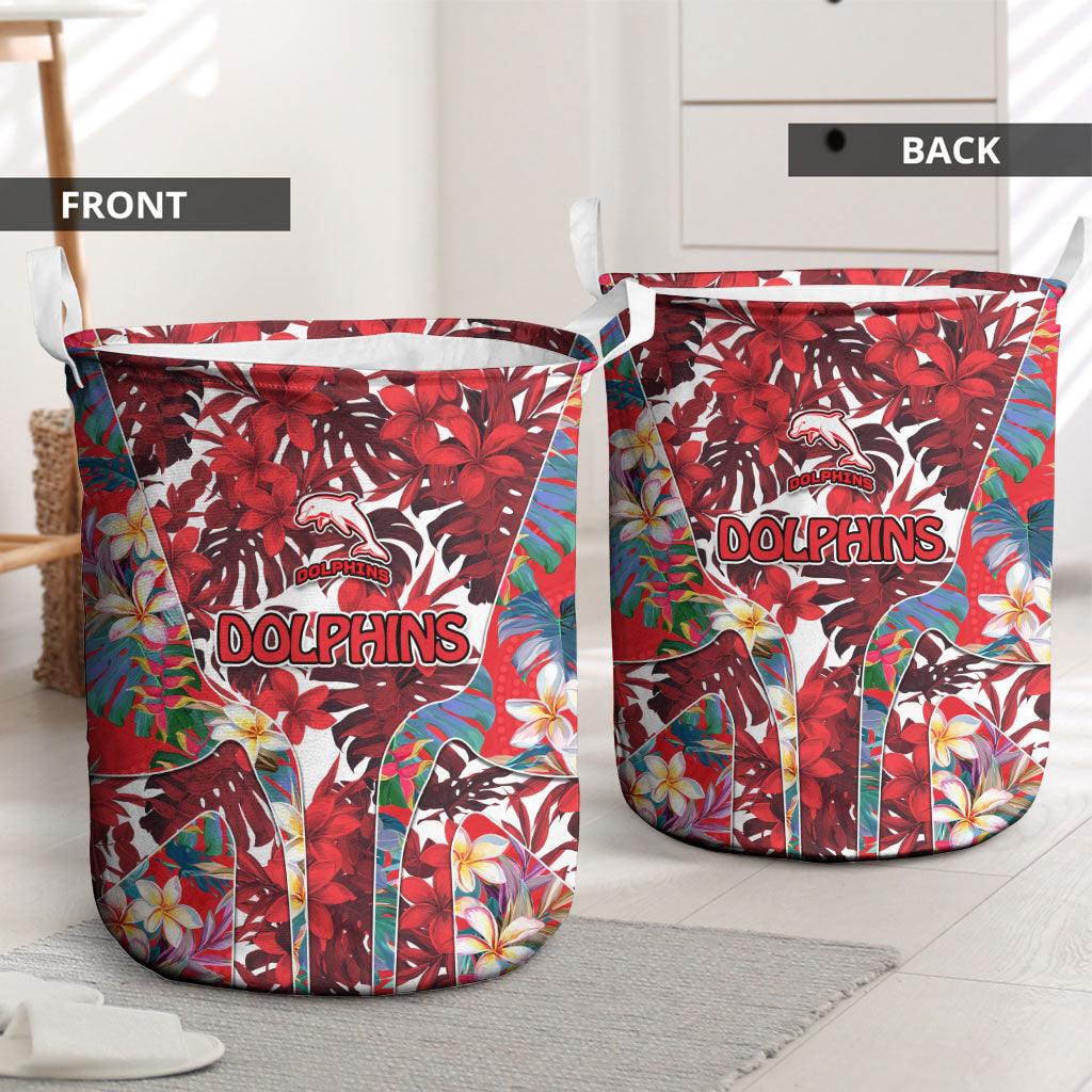 Dolphins Laundry Basket Tropical Hibiscus Floral Pattern With Red And White Accents