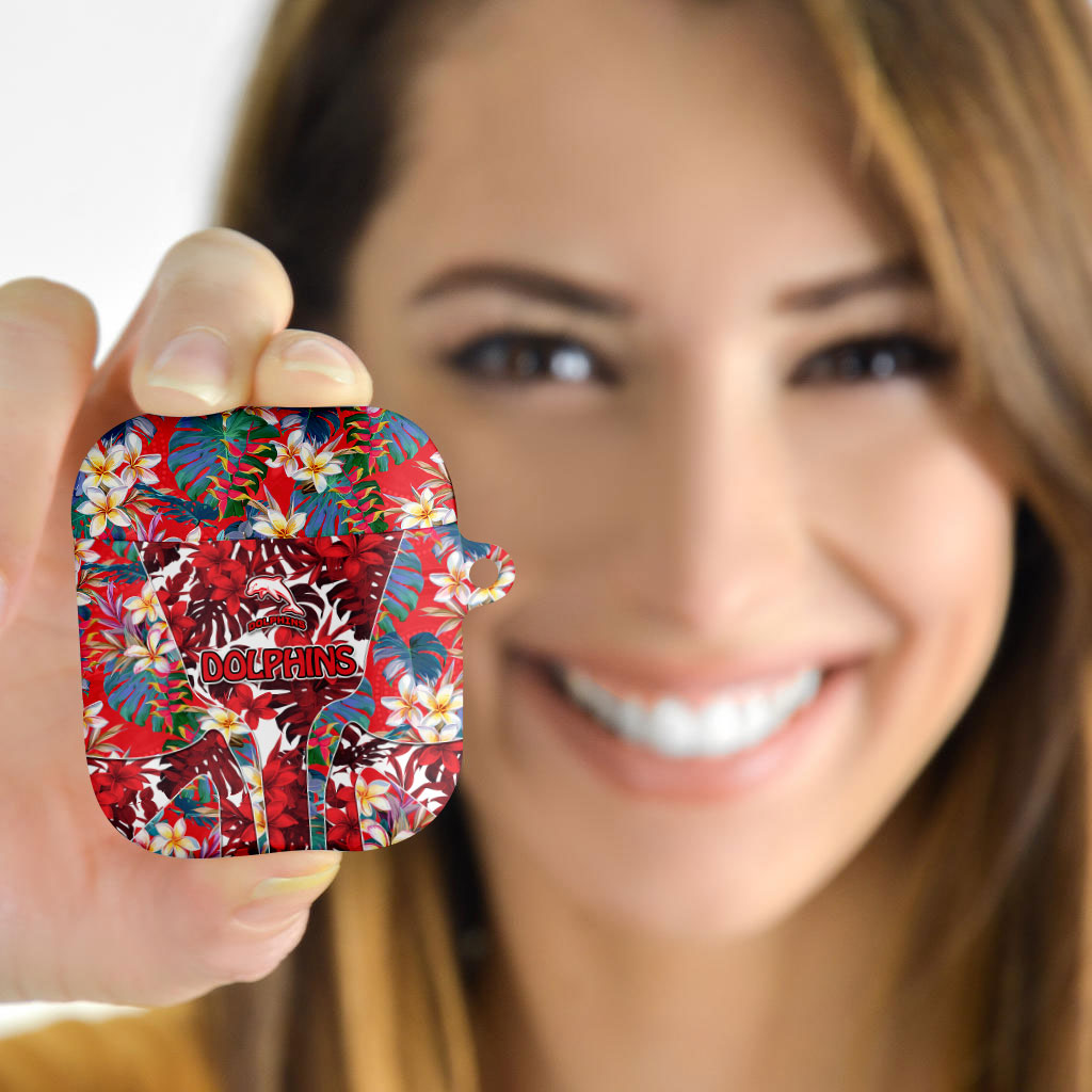 Dolphins AirPods Case Tropical Hibiscus Floral Pattern With Red And White Accents