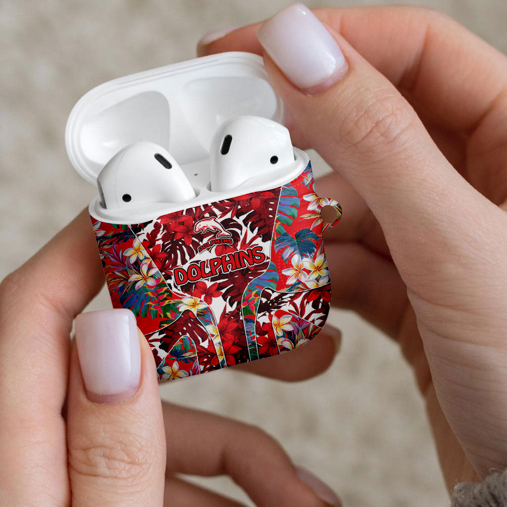 Dolphins AirPods Case Tropical Hibiscus Floral Pattern With Red And White Accents
