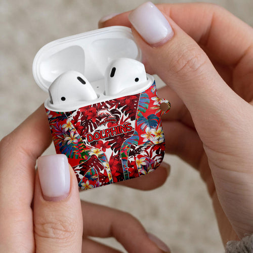 Dolphins AirPods Case Tropical Hibiscus Floral Pattern With Red And White Accents