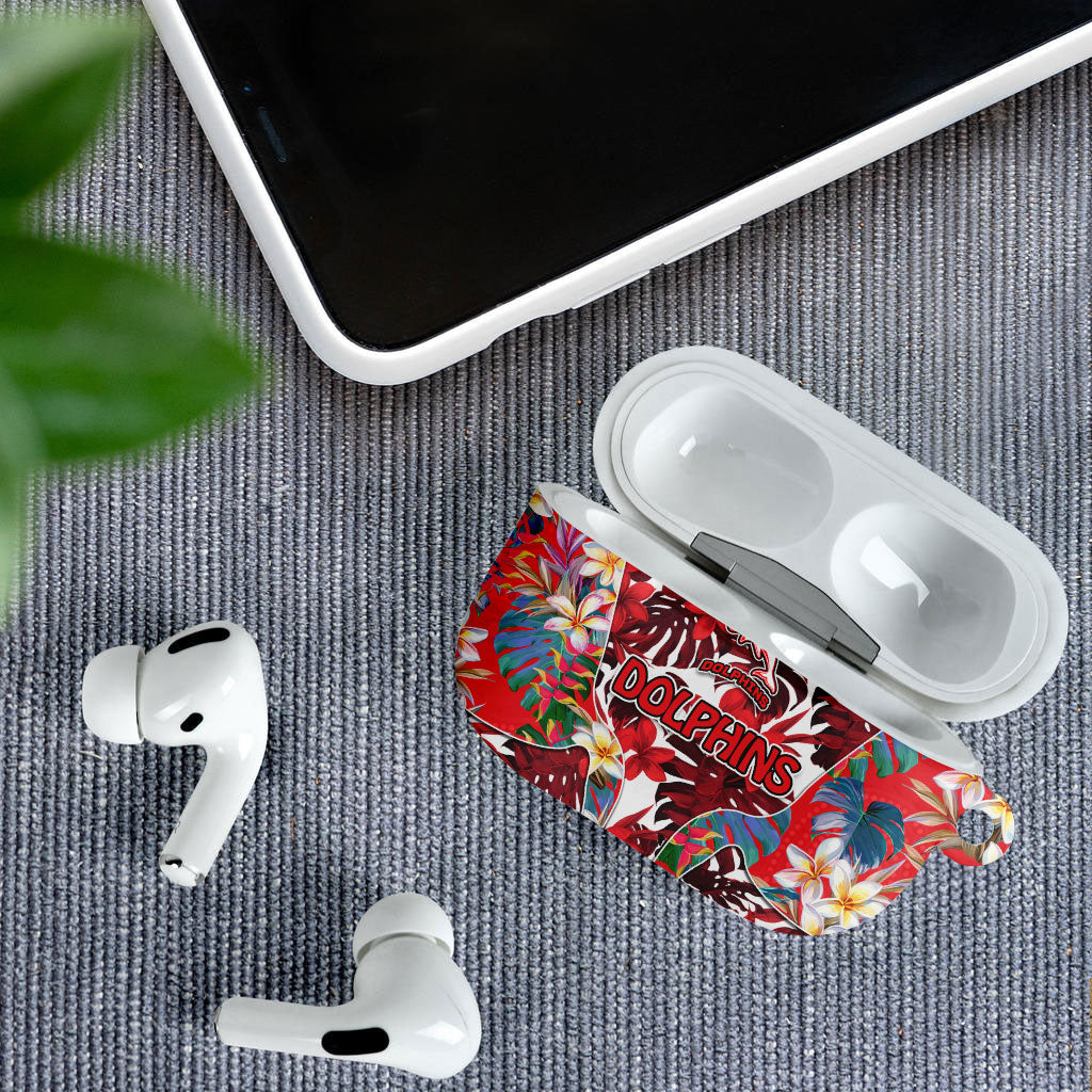 Dolphins AirPods Case Tropical Hibiscus Floral Pattern With Red And White Accents