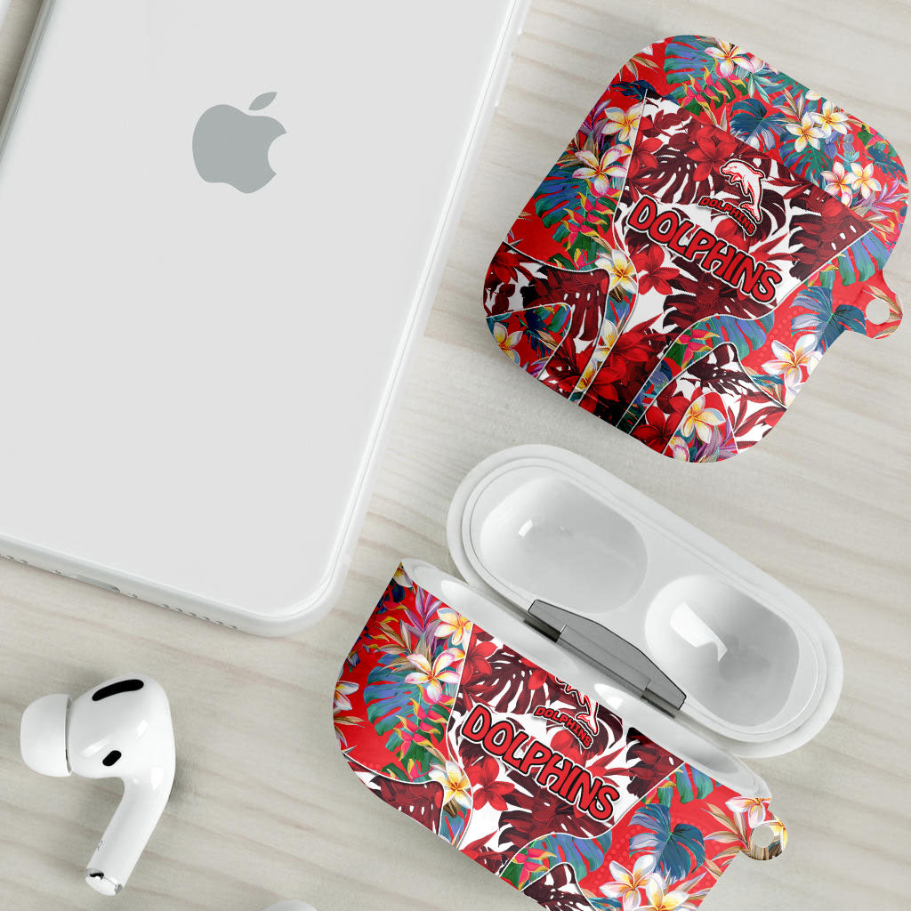 Dolphins AirPods Case Tropical Hibiscus Floral Pattern With Red And White Accents