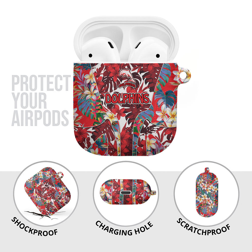Dolphins AirPods Case Tropical Hibiscus Floral Pattern With Red And White Accents