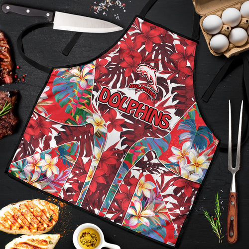 Dolphins Apron Tropical Hibiscus Floral Pattern With Red And White Accents