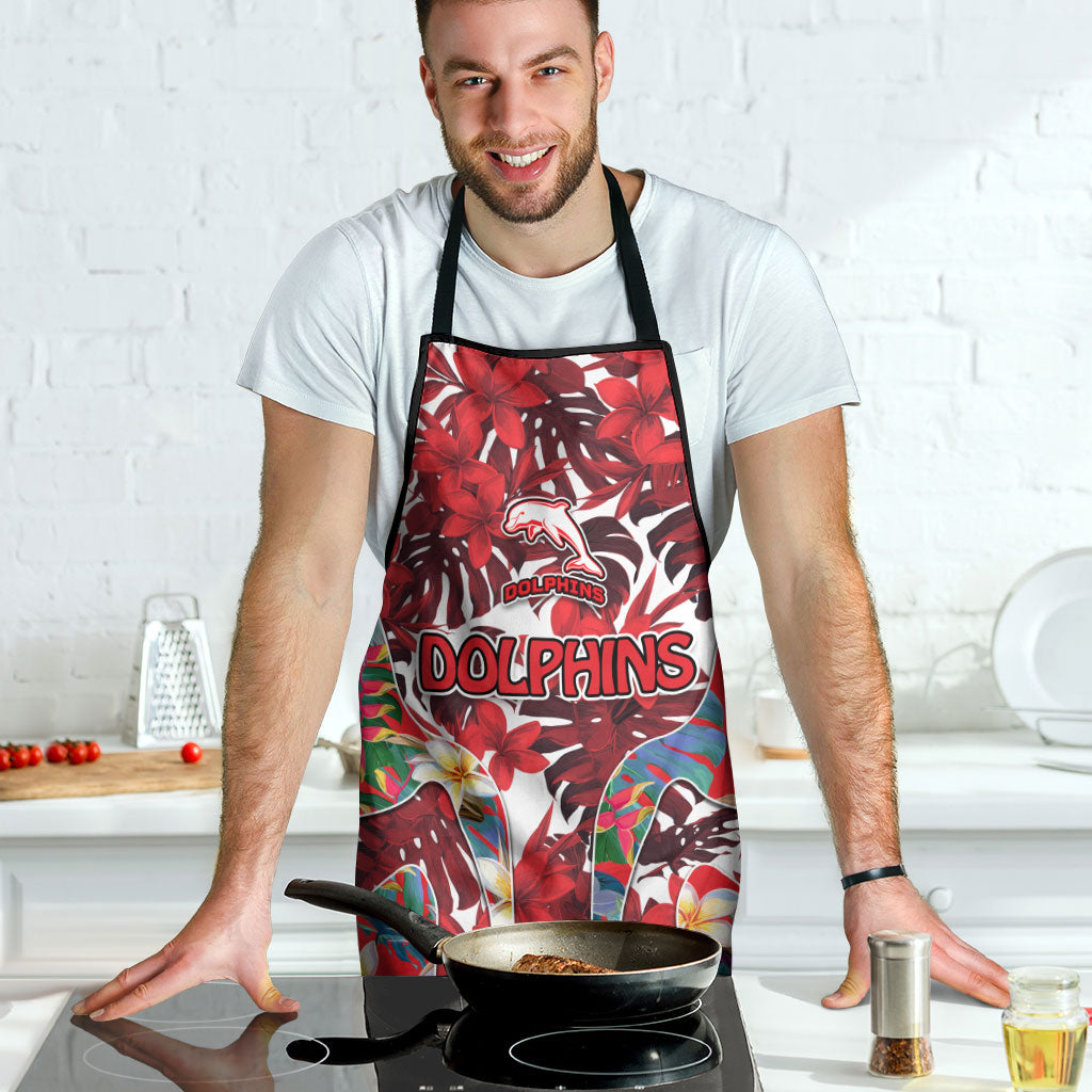 Dolphins Apron Tropical Hibiscus Floral Pattern With Red And White Accents