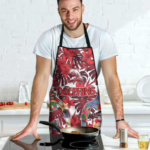 Dolphins Apron Tropical Hibiscus Floral Pattern With Red And White Accents