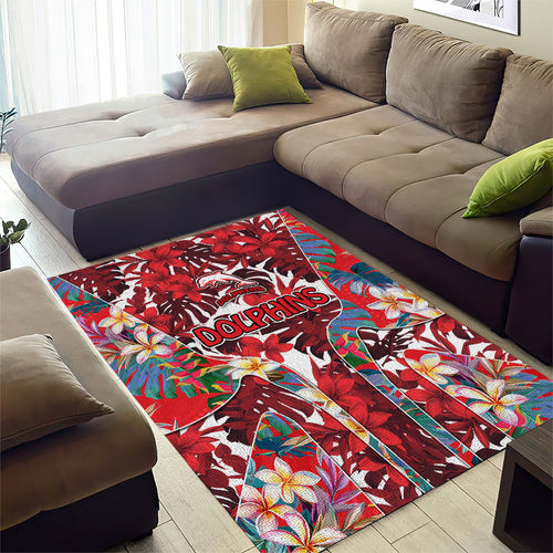 Dolphins Area Rug Tropical Hibiscus Floral Pattern With Red And White Accents