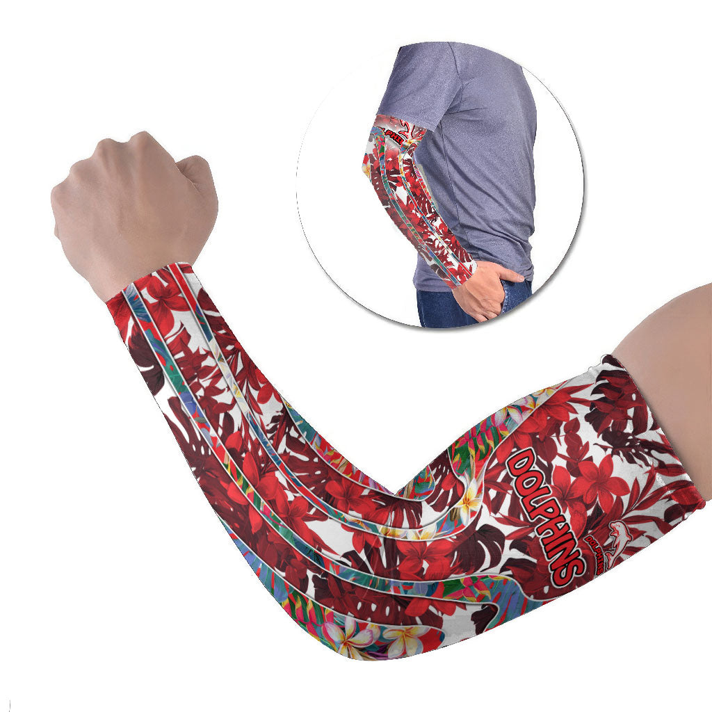 Dolphins Arm Sleeves Tropical Hibiscus Floral Pattern With Red And White Accents