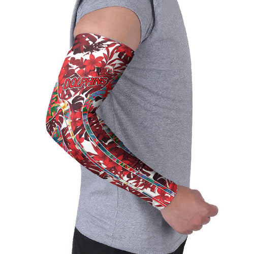 Dolphins Arm Sleeves Tropical Hibiscus Floral Pattern With Red And White Accents