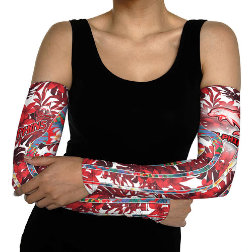 Dolphins Arm Sleeves Tropical Hibiscus Floral Pattern With Red And White Accents