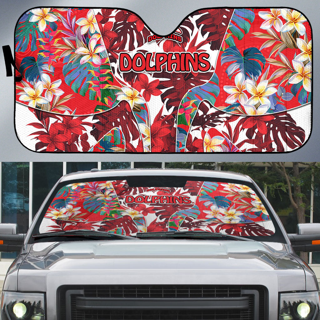 Dolphins Auto Sun Shade Tropical Hibiscus Floral Pattern With Red And White Accents