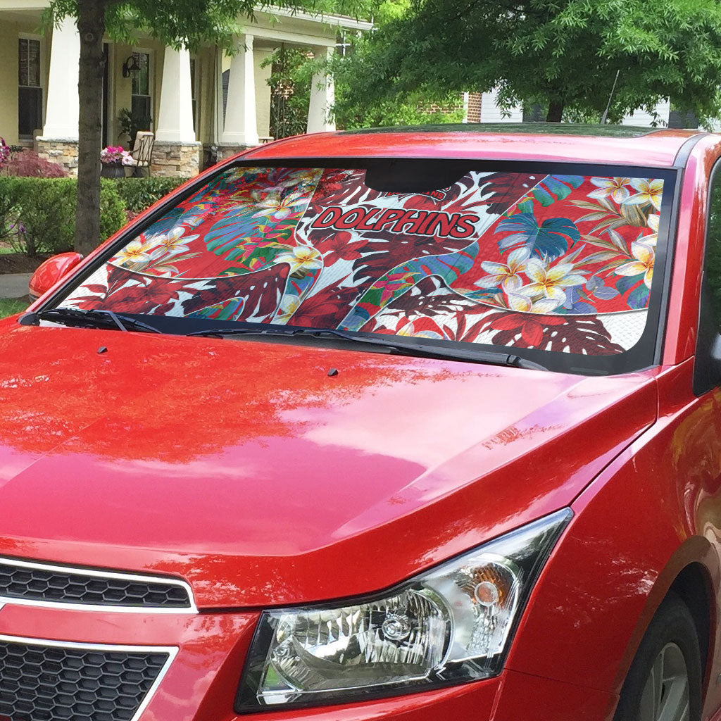 Dolphins Auto Sun Shade Tropical Hibiscus Floral Pattern With Red And White Accents