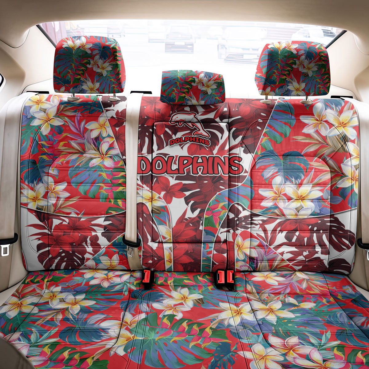 Dolphins Back Car Seat Cover Tropical Hibiscus Floral Pattern With Red And White Accents