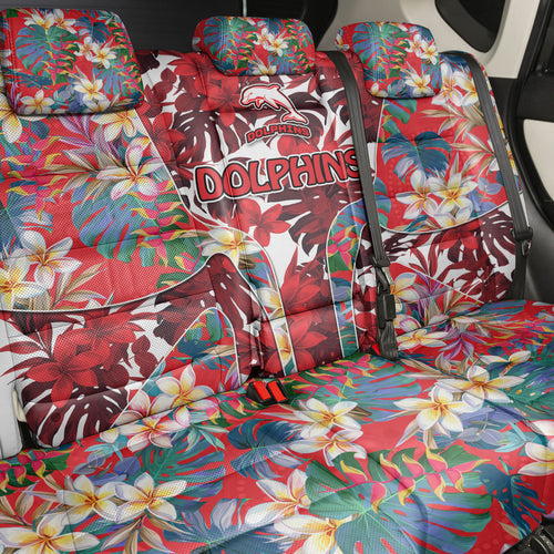 Dolphins Back Car Seat Cover Tropical Hibiscus Floral Pattern With Red And White Accents