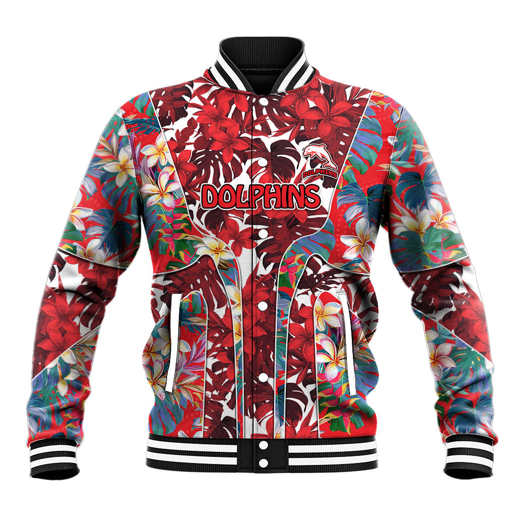 Dolphins Baseball Jacket Tropical Hibiscus Floral Pattern With Red And White Accents