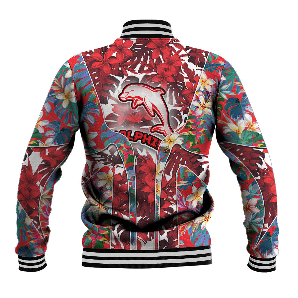 Dolphins Baseball Jacket Tropical Hibiscus Floral Pattern With Red And White Accents