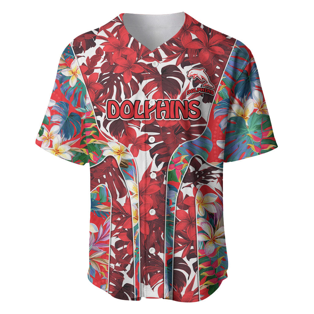 Dolphins Baseball Jersey Tropical Hibiscus Floral Pattern With Red And White Accents