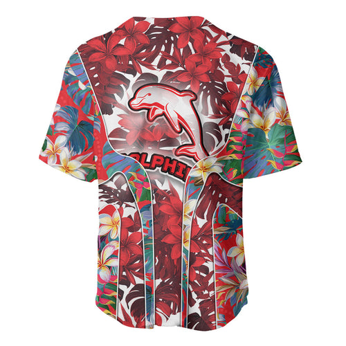 Dolphins Baseball Jersey Tropical Hibiscus Floral Pattern With Red And White Accents