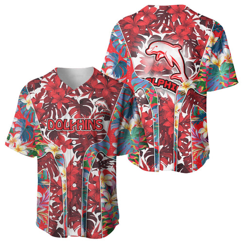 Dolphins Baseball Jersey Tropical Hibiscus Floral Pattern With Red And White Accents