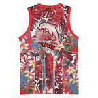 Dolphins Basketball Jersey Tropical Hibiscus Floral Pattern With Red And White Accents