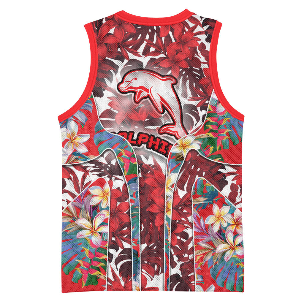 Dolphins Basketball Jersey Tropical Hibiscus Floral Pattern With Red And White Accents