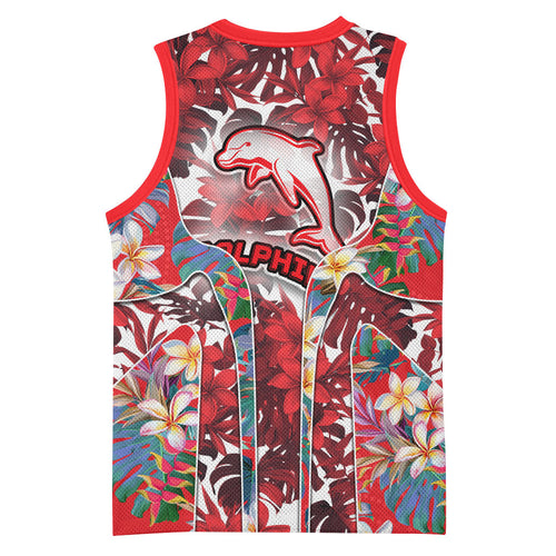 Dolphins Basketball Jersey Tropical Hibiscus Floral Pattern With Red And White Accents