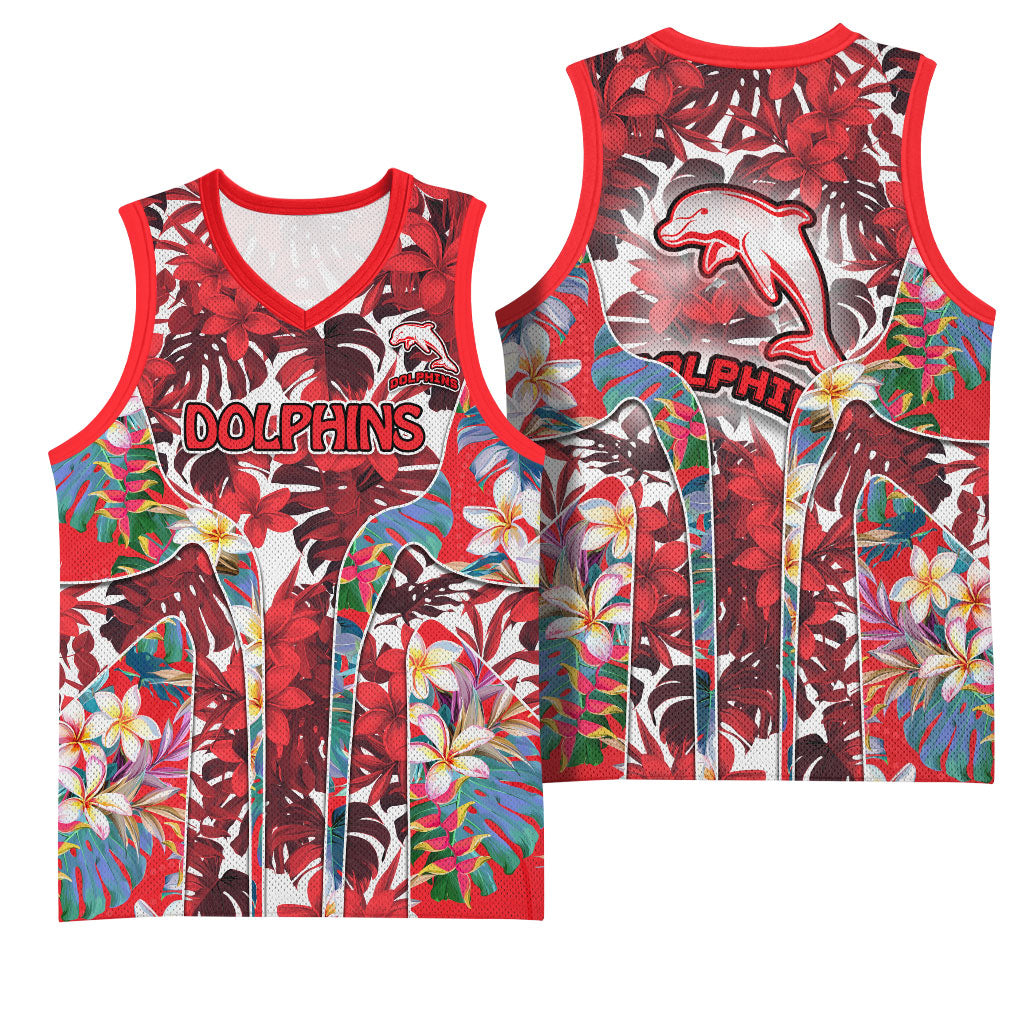 Dolphins Basketball Jersey Tropical Hibiscus Floral Pattern With Red And White Accents