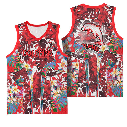 Dolphins Basketball Jersey Tropical Hibiscus Floral Pattern With Red And White Accents